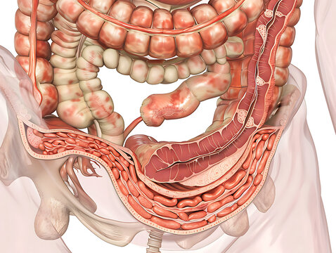 Medical image of a colostomy in the lower left abdomen showing the surrounding anatomy.