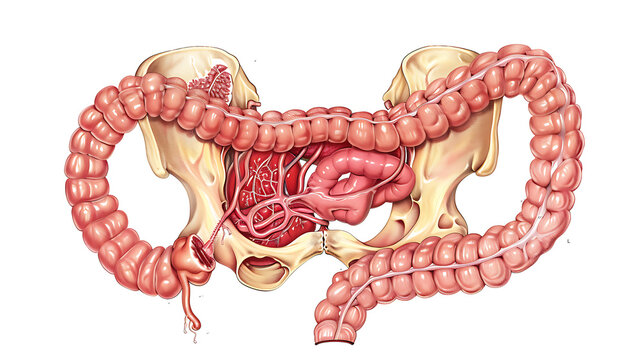 Vector medical diagram of the gastrointestinal tract after rectal cancer surgery with colostomy.