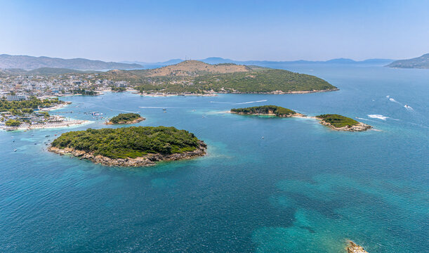 Aerial view of Ksamil Islands, Ksamil Bay, Saranda, Albania. Ksamil is a stunning coastal village and former municipality on the Albanian Riviera, located just south of Sarand&euml;.