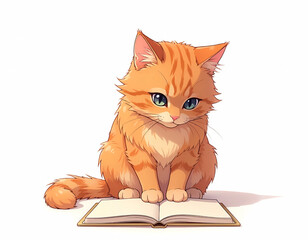 Adorable Ginger Tabby Kitten Studying an Open Book on a Clean White Background © eidel