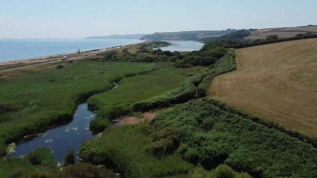 Aerial drone view of Slapton Ley and coastline, South Devon, England