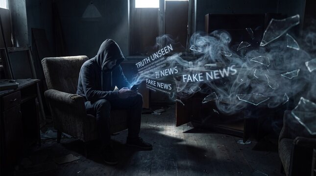 Hooded hacker creating and spreading fake news and propaganda from a smartphone in a dark room