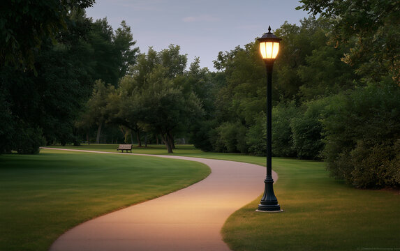 Serene Park Pathway Illuminated by Classic Lamp Post Under a Twilight Sky