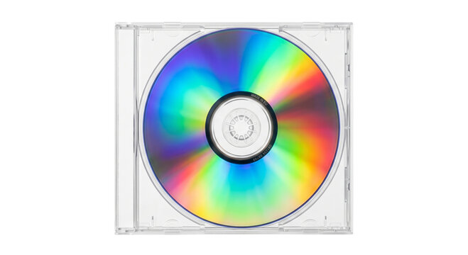 Compact disc with rainbow spectrum reflection in clear jewel case