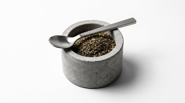 Dried Thyme Herb in a Minimalist Concrete Bowl with a Metal Spoon