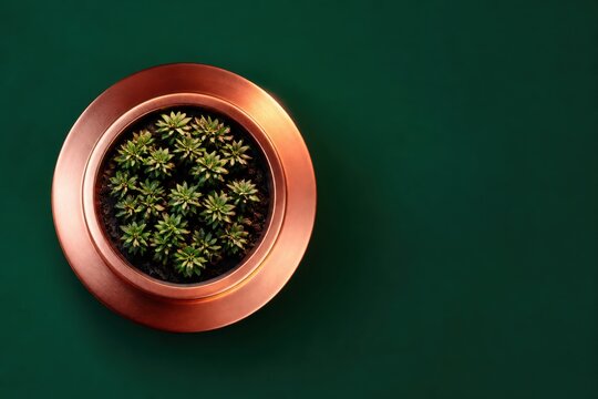 Copper planter with succulent on dark green background