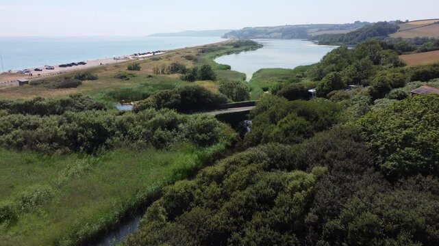 Aerial drone view of Slapton Ley and coastline, South Devon, England