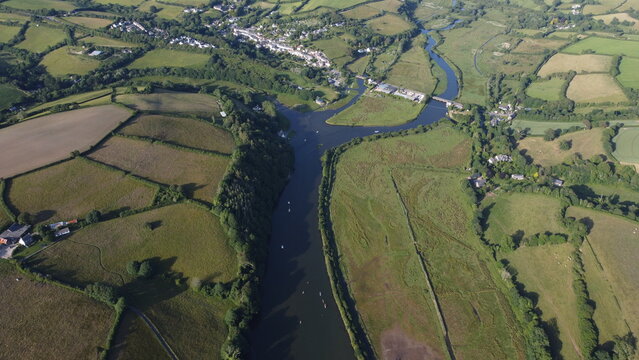Aerial drone view of Aveton Gifford tidal road and estuary, South Devon, England
