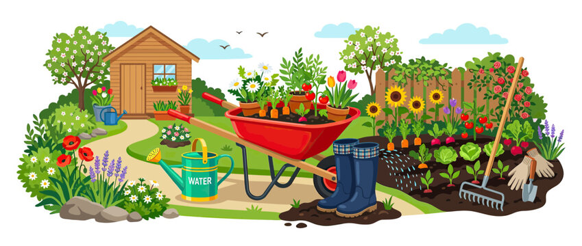 Vibrant Garden Scene with Shed, Wheelbarrow, and Flowers
