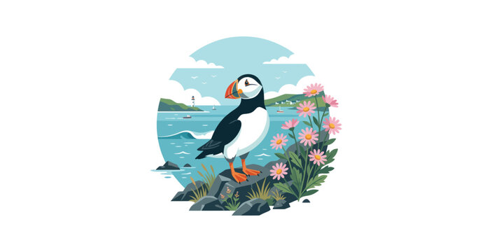 Atlantic Puffin Coastal Landscape Vector Illustration