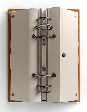 Open leather bound binder with metal rings inside.