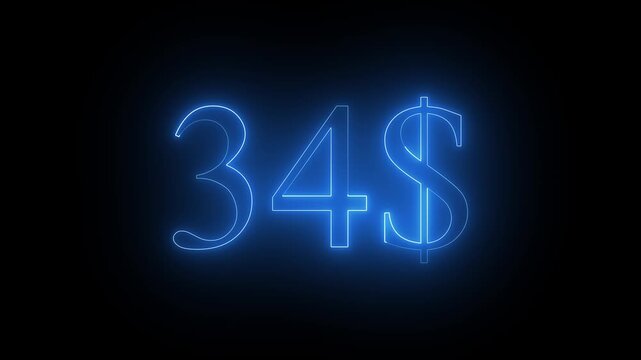 Glowing Neon 34$ Dolar Number Animation on Black Background 4K Resolution video.
