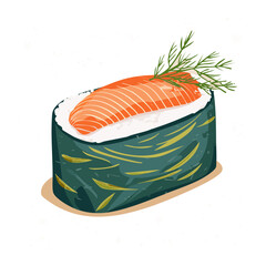 Single salmon maki roll garnished with fresh herb leaves for modern Japanese sushi bar delivery menu graphic illustration - Vector Illustration © powdesign