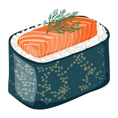 Delicious salmon sushi maki roll with fresh herbs on top for authentic Japanese dining menu graphic illustration visual artwork - Vector Illustration © powdesign
