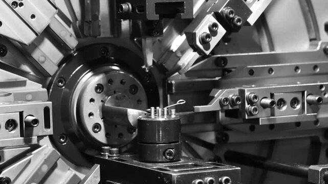 Automatic machine bends and cuts steel wire springs, industrial conveyor metal concept