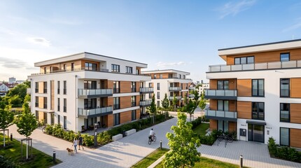 Fototapeta premium Immobilien Neubau, MehrfamilienhÃ¤user. Moderne Neubau Immobilien, MehrfamilienhÃ¤user in neuer Wohnanlage in der Stadt