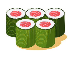 Salmon maki sushi rolls wrapped in dark green nori seaweed for sushi bar menu - Vector Illustration © powdesign