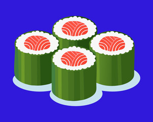 Fresh salmon maki sushi rolls with green nori seaweed wrap arranged on blue background - Vector Illustration © powdesign