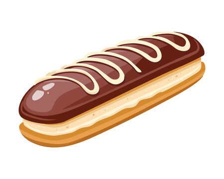 Classic pastry eclair coated with dark chocolate glaze and decorated with white icing drizzled lines - Vector Illustration