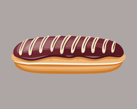 Chocolate glazed long eclair pastry filled with sweet vanilla custard cream for bakery icon - Vector Illustration
