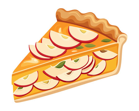 Slice of homemade apple pie with layered apple slices inside buttery golden pie crust - Vector Illustration