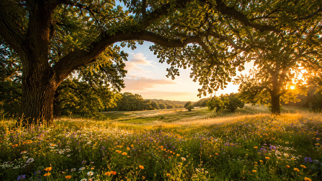 Ancient oak trees arching over a colorful wildflower meadow illuminated by warm golden sunset light, creating a peaceful spring countryside landscape