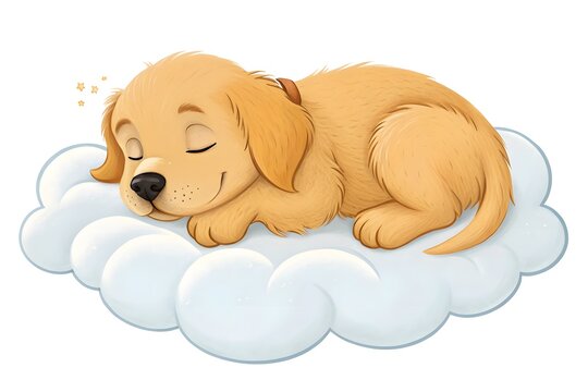 Cute sleeping puppy on fluffy white clouds