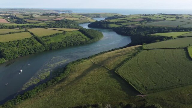 Aerial drone view of the River Avon Estuary from Aveton Gifford to Bantham, South Devon, England