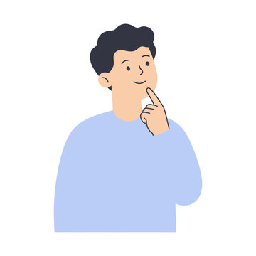 Young Man Thinking Finger on Chin Idea Decision Vector Illustration Flat Cartoon Design