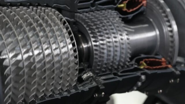 sectional view of aviation turbine engine rotating on stand