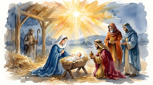 Watercolor illustration of the nativity scene with baby jesus mary joseph and the three wise men