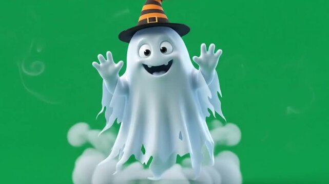 Cute 3D Cartoon Halloween Ghost Wearing Witch Hat Waving with Smoke on Green Screen