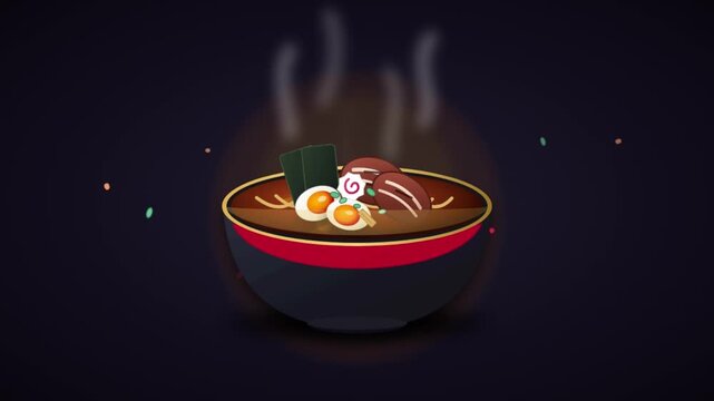 Illustration of hot steaming Japanese ramen noodle soup bowl with egg and pork on dark background