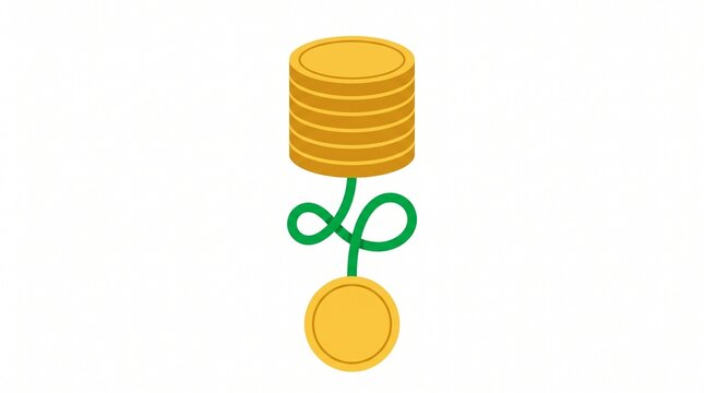 Golden coin growing on a green stem with stacked coins. Cryptocurrency or finance growth concept with sprouting money token in 4K ultra HD.