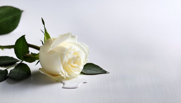 A White Rose Bleeding On A White Table Space For Copy