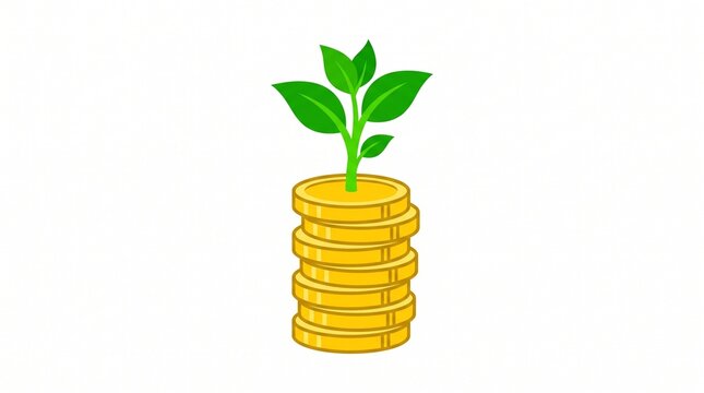 Golden coins stacked with growing green sprout. Financial growth and investment concept in ultra HD 4K resolution.