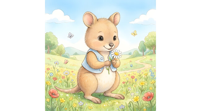 Cute little potoroo holding a daisy flower in a meadow, watercolor illustration for children's book