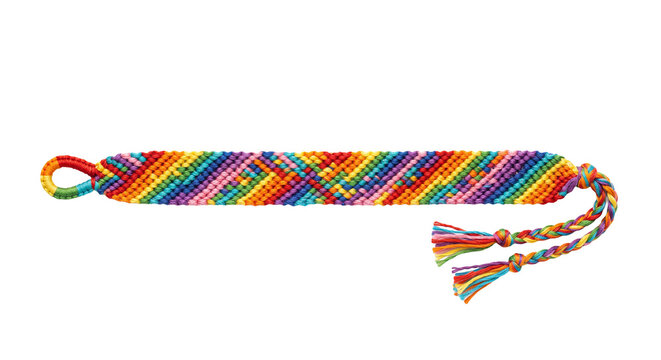 Handmade rainbow friendship bracelet with braided tassels and loop closure