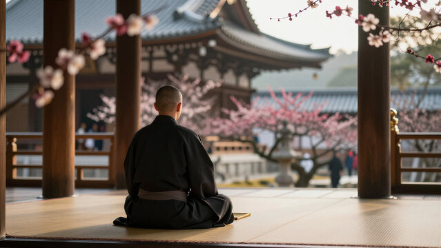Japanese Buddhist Monk Zazen Meditating with Plum Blossoms Foreground, 4K, Copy space on the right