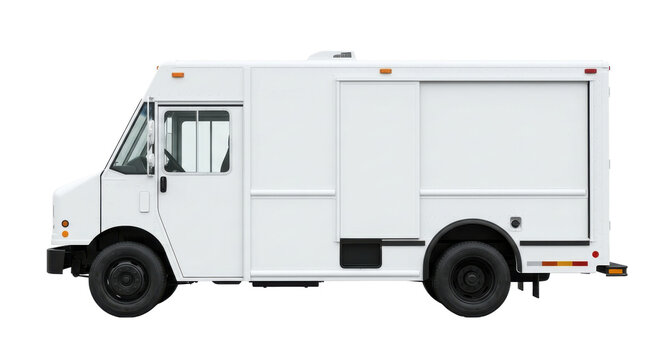 A blank white delivery truck parked in profile view, captured in a clean studio shot with a bright, minimalist aesthetic.