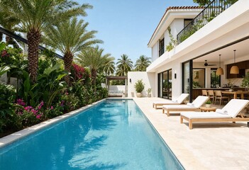 Fototapeta premium Luxury contemporary house model featuring private swimming pool isolated on white background, showcasing modern architecture, premium residential design, elegant exterior, real estate development.