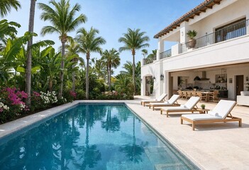 Fototapeta premium Luxury contemporary house model featuring private swimming pool isolated on white background, showcasing modern architecture, premium residential design, elegant exterior, real estate development.