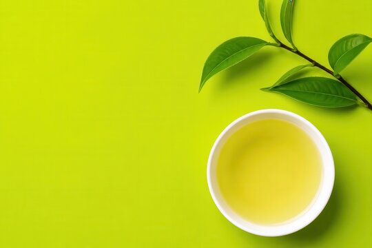 Green tea in a white cup with fresh leaves on lime background