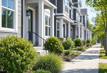 Fototapeta premium Modern townhouse exterior featuring balcony, landscaped garden, garage, driveway, sidewalk, and stylish facade, showcasing contemporary residential architecture, suburban living, curb appeal, and prop