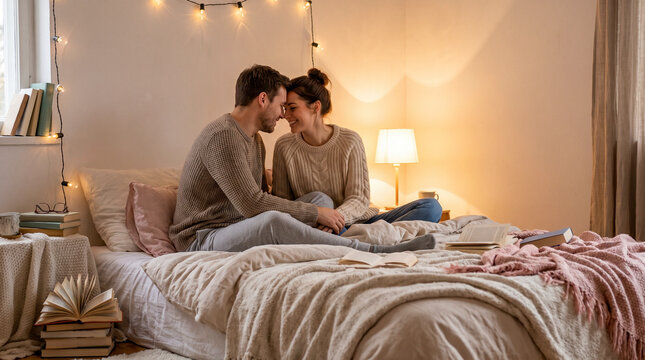 Pareja enamorada compartiendo un momento &iacute;ntimo en un dormitorio acogedor con iluminaci&oacute;n c&aacute;lida, manta de punto y ambiente rom&aacute;ntico, ideal para conceptos de amor y hogar.