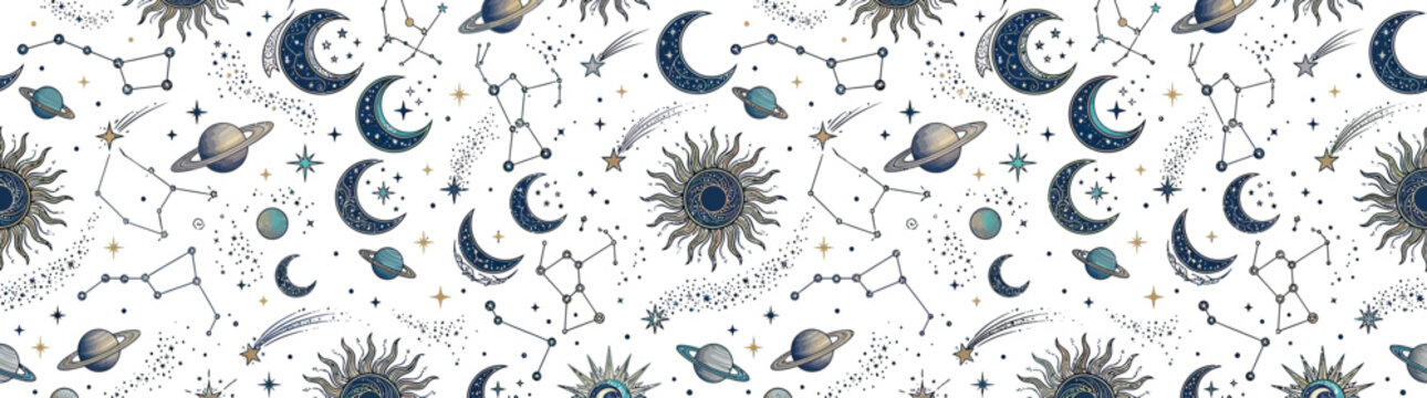 Celestial Watercolor Pattern with Moon, Sun, Stars, and Planets