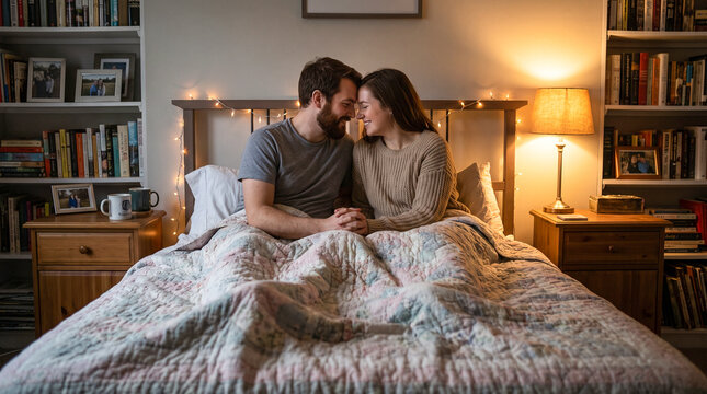 Pareja enamorada compartiendo un momento &iacute;ntimo en un dormitorio acogedor con iluminaci&oacute;n c&aacute;lida, manta de punto y ambiente rom&aacute;ntico, ideal para conceptos de amor y hogar.