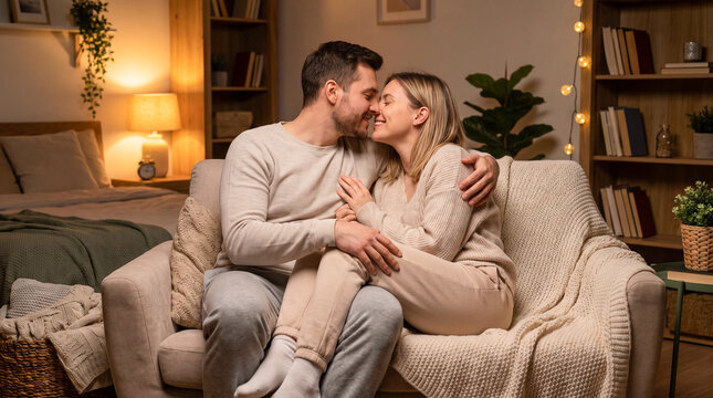 Pareja enamorada compartiendo un momento &iacute;ntimo en un dormitorio acogedor con iluminaci&oacute;n c&aacute;lida, manta de punto y ambiente rom&aacute;ntico, ideal para conceptos de amor y hogar.