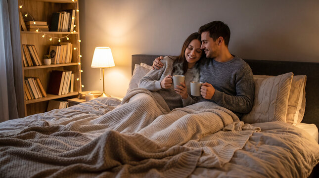 Pareja enamorada compartiendo un momento &iacute;ntimo en un dormitorio acogedor con iluminaci&oacute;n c&aacute;lida, manta de punto y ambiente rom&aacute;ntico, ideal para conceptos de amor y hogar.