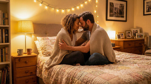 Pareja enamorada compartiendo un momento &iacute;ntimo en un dormitorio acogedor con iluminaci&oacute;n c&aacute;lida, manta de punto y ambiente rom&aacute;ntico, ideal para conceptos de amor y hogar.